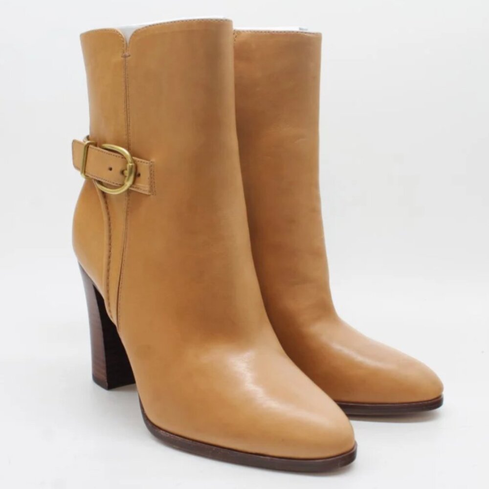 Veronica Beard Viv Booties Natural Leather Upper Ankle Heeled Buckle Boots 8